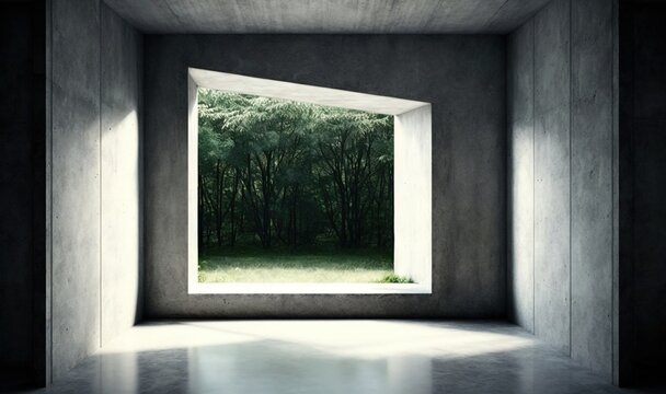 an empty room with a window and a view of a forest outside of the window is lit by the light coming from the open window.  generative ai