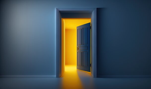  an open door leading to a bright light in a dark room with a yellow light coming from the door and a yellow light coming from the door.  generative ai