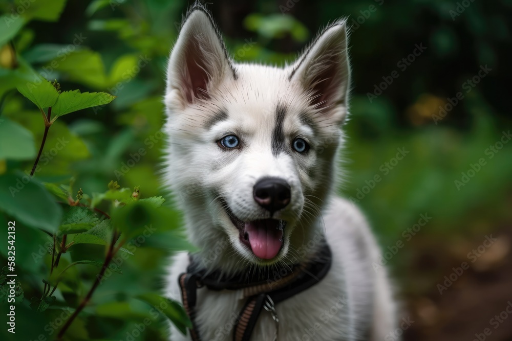 Wall mural with its tongue out and a blurry green natural background, a white young cute ciberian husky puppy i