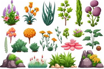 Set of cartoon garden landscaping elements for garden scene creation. Green bush, gardenbed, plants, seedlings and landspace details collection on isolated white background.