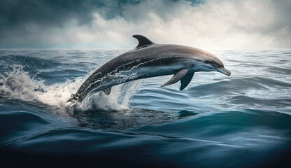 Dolphin swims over the waters of the ocean. Generative AI.