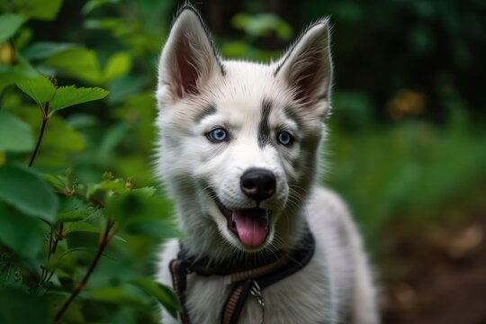 With its tongue out and a blurry green natural background, a white young cute ciberian husky puppy is depicted. Generative AI