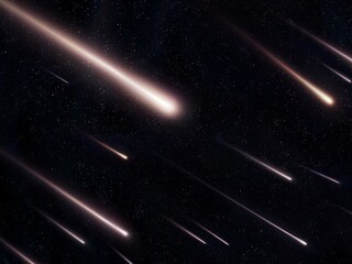 Starfall in the night sky. Bright meteorites on a black background. Falling glowing meteors.