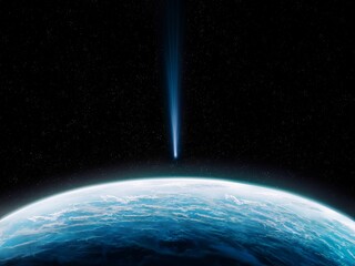 Comet is approaching the Earth. Close-up of blue planet with meteorite. Possibility of impact with a celestial body.