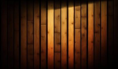  a wooden wall with a lamp on it and a light coming from the top of the wall behind it in a dark room with wood paneling.  generative ai