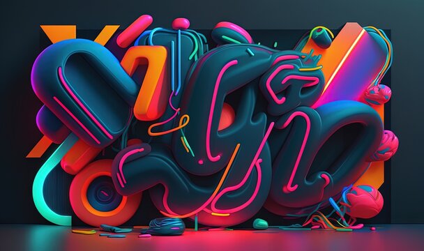  a very colorful type of art work with neon colors and shapes on a black background with a black frame and a black background with a white border.  generative ai