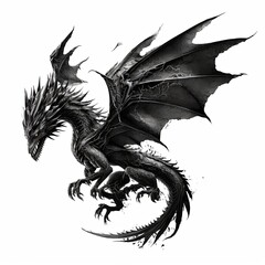 Naklejka premium Black dragon with wings spread isolated on white background. Square canvas. 
