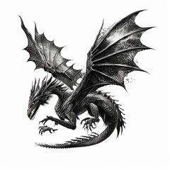 Black dragon with wings spread isolated on white background. Square canvas. 