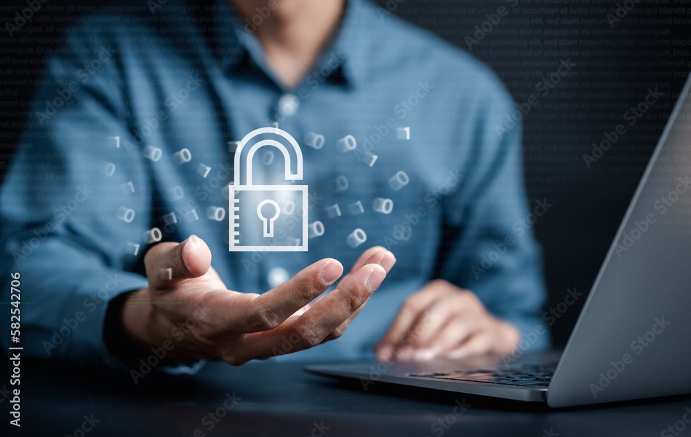 Poster Cybersecurity and privacy concepts to protect data. businessman with internet network security technology. Businessman locking personal data on smartphone. cyber security concept...