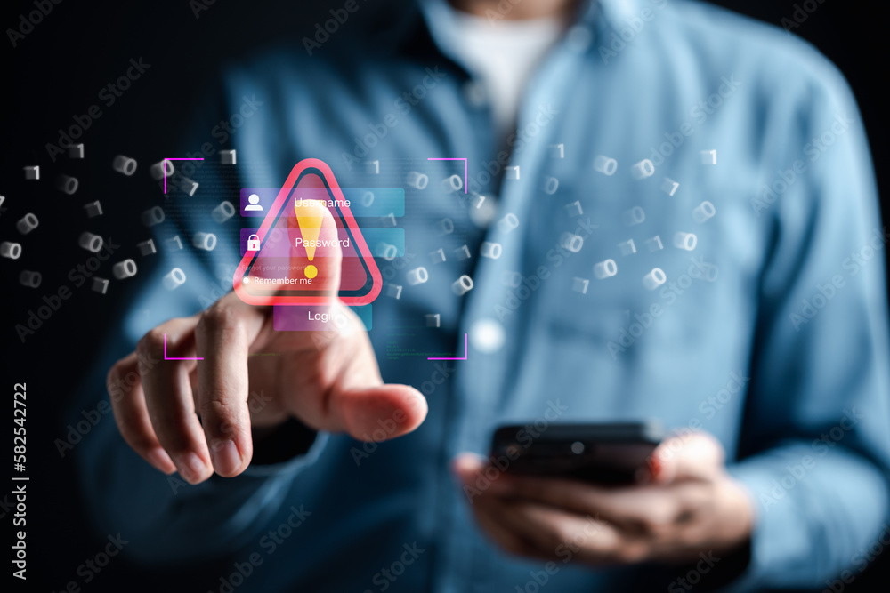 Aufkleber Warning danger sign of cyber security concept, Login, User, identification information security and encryption, secure access to user's personal information, secure Internet access, cybersecurity.