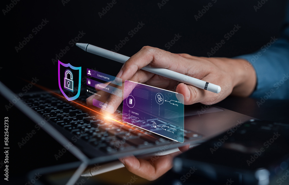 Poster Cybersecurity and privacy concepts to protect data. businessman with internet network security technology. Businessman locking personal data on smartphone. cyber security concept...