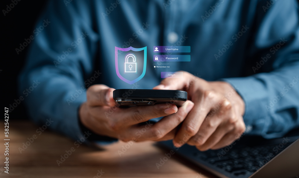Poster Cybersecurity and privacy concepts to protect data. businessman with internet network security technology. Businessman locking personal data on smartphone. cyber security concept...