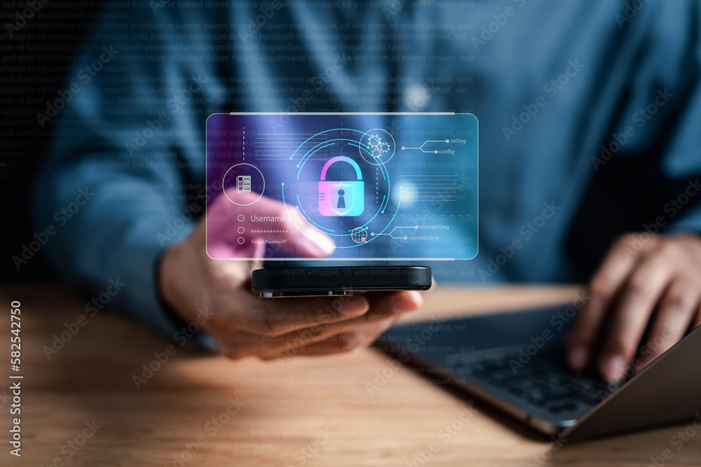 Poster Cybersecurity and privacy concepts to protect data. businessman with internet network security technology. Businessman locking personal data on smartphone. cyber security concept...