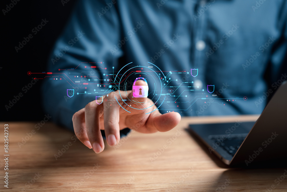 Poster Cybersecurity and privacy concepts to protect data. businessman with internet network security technology. Businessman locking personal data on smartphone. cyber security concept...