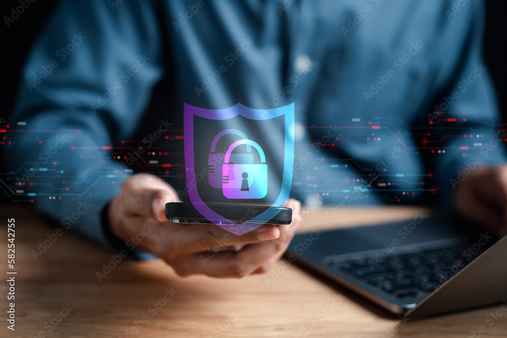 Poster Cybersecurity and privacy concepts to protect data. businessman with internet network security technology. Businessman locking personal data on smartphone. cyber security concept...
