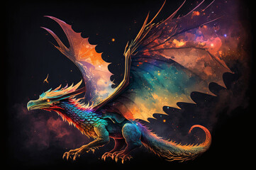 A dragon with glowing rainbow scales soaring through the sky.