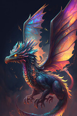 A dragon with prismatic scales with glowing wings. Illustration in portrait orientation.