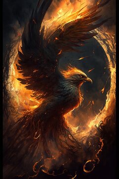A mythical phoenix bird wreathed in a ring of fire on a black portrait background. Dark fantasy illustration.
