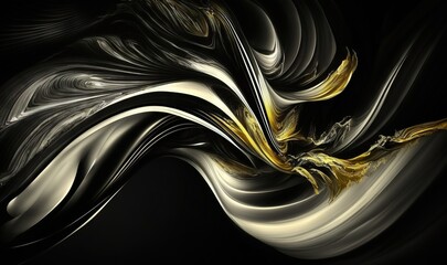  a black and white abstract painting with gold and silver accents on a black background with a black background and a white and gold swirl in the middle.  generative ai