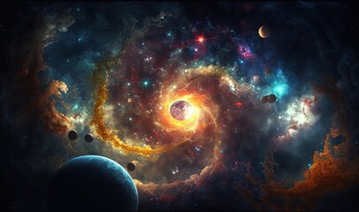  an image of a space scene with planets and a spiral of stars in the center of the image, with the sun in the background.  generative ai
