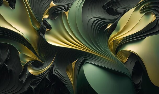  a computer generated image of a green and gold swirl pattern on a black background with a gold and green swirl pattern on top of the image.  generative ai