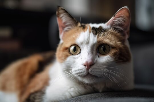 A white and brown cat loitering close to a sofa. Generative AI