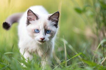 Naklejka na ściany i meble A cute blue eyed cat walks outside. Generative AI