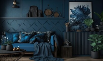  a living room with a blue couch and a blue wall with a picture on it and a potted plant in the corner of the room.  generative ai