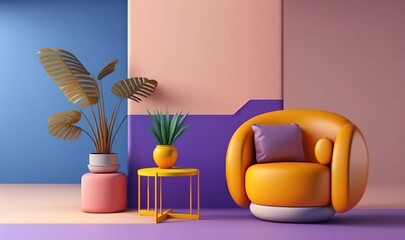  a room with a chair, table and potted plant on the side of the room and a blue wall with a purple and pink color scheme.  generative ai