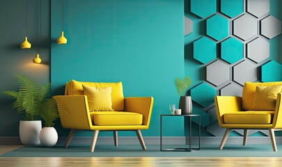  a living room with two yellow chairs and a table with a vase on it and a blue wall with hexagonal tiles on it.  generative ai