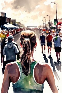 Marathon, runner close-up with her back, in the style of watercolor painting, created with Generative AI technology.
