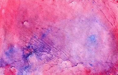 Abstract  pink watercolor background, colored spots, blue splashes   on pink
