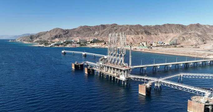 Aerial footage of the oil pipeline station Eilat Ashkelon - "Katza" beach . Filmed in C4K Apple ProRes 422 HQ
