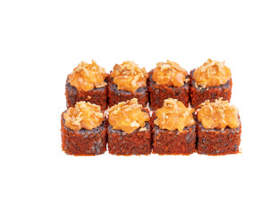 black rolls with salmon cream cheese masago on a white background for an online restaurant website