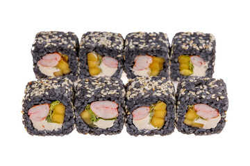 black rolls with shrimp cream cheese and mango on a white background for an online restaurant website 1