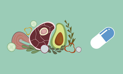 pill with vitamins with vegetables