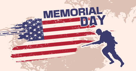 Memorial Day. . banner. Silhouettes of star and American soldier. Flag - vector illustration