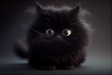 Funny cute black cat with thick fur portrait.
