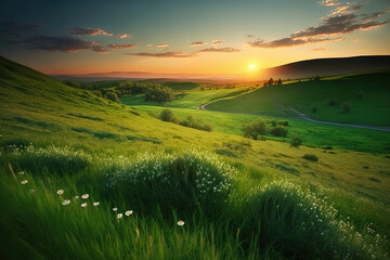  Beautiful natural spring summer landscape of meadow ,generative artificial intelligence