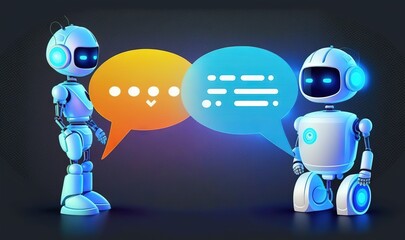  a robot talking to another robot with a speech bubble above it that says chat me on a dark background with a blue and yellow bubble.  generative ai