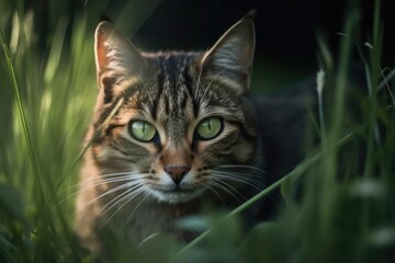 Naklejka na ściany i meble Cat in the grass in a portrait. Generative AI