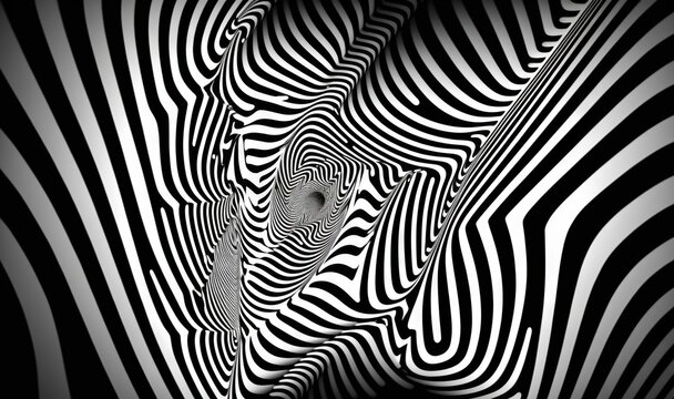  a black and white photo of a zebra's head in the center of a black and white striped pattern with a black and white background.  generative ai
