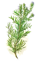 Rosemary plant over white background. Generative AI detailed illustration in watercolor style