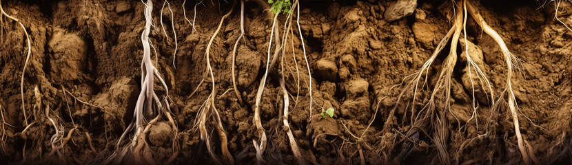 Panorama of soil cross-section with plant roots underground. Generative AI realistic illustration - obrazy, fototapety, plakaty