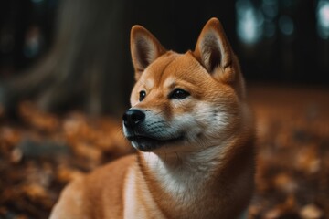 A gorgeous Shiba Inu dog photograph in the park. Generative AI