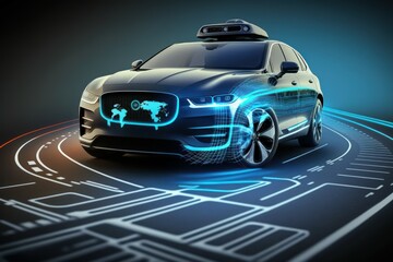 The concept of a modern electric car with autopilot. AI generated, human enhanced