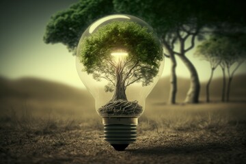 Green Energy and a Bright Future A Light Bulb in Soil. New Ideas for Sustainable Solutions. AI generated, human enhanced