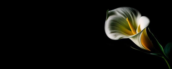 Sympathy Card with Calla Flower on Black Background: Funeral Condolences and Grief Concept. Space for Text. Generative AI.