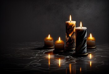 Funeral Concept: Burning Candles on Floor with Space for Text. Generative AI.
