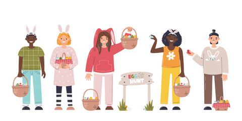 Fototapeta premium Diversity children playing egg hunt outdoors. Group of kids carrying full of eggs baskets. Easter family tradition. Characters with festive props. Religious holiday hand drawn flat vector illustration